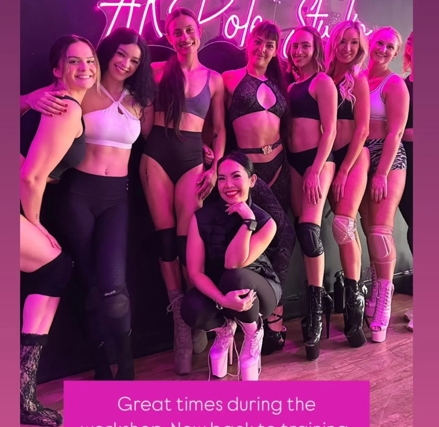 Instagram story from AKPole Studio, the group after Polina Zueva's workshop under the studio's neon sign.