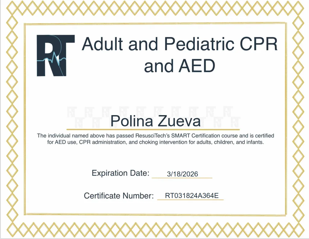 Adult and Pediatric CPR and AED certificate from ResusciTech naming Polina Zueva, valid to 18 March 2026.