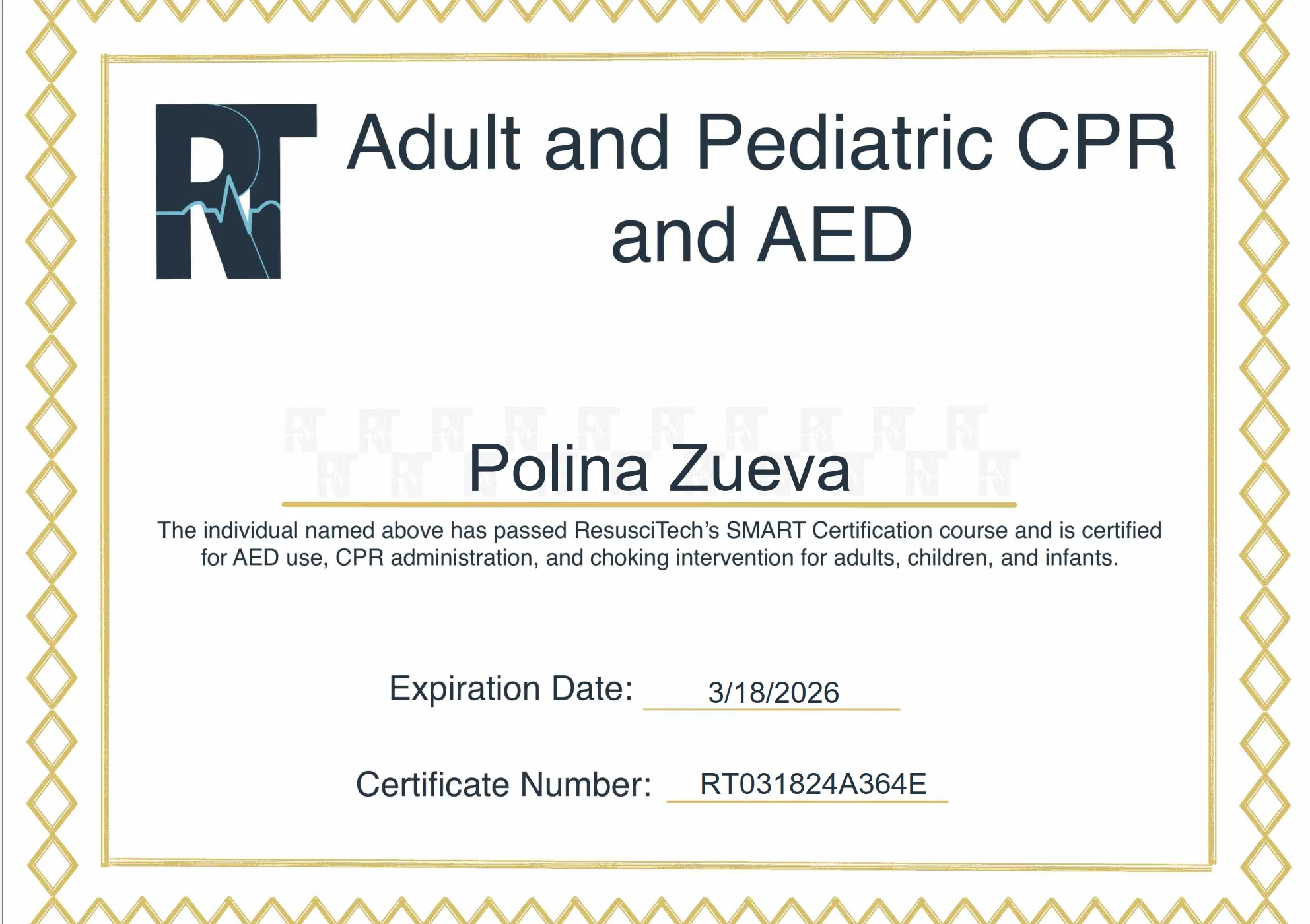 Adult and Pediatric CPR and AED certificate from ResusciTech naming Polina Zueva, valid to 18 March 2026.