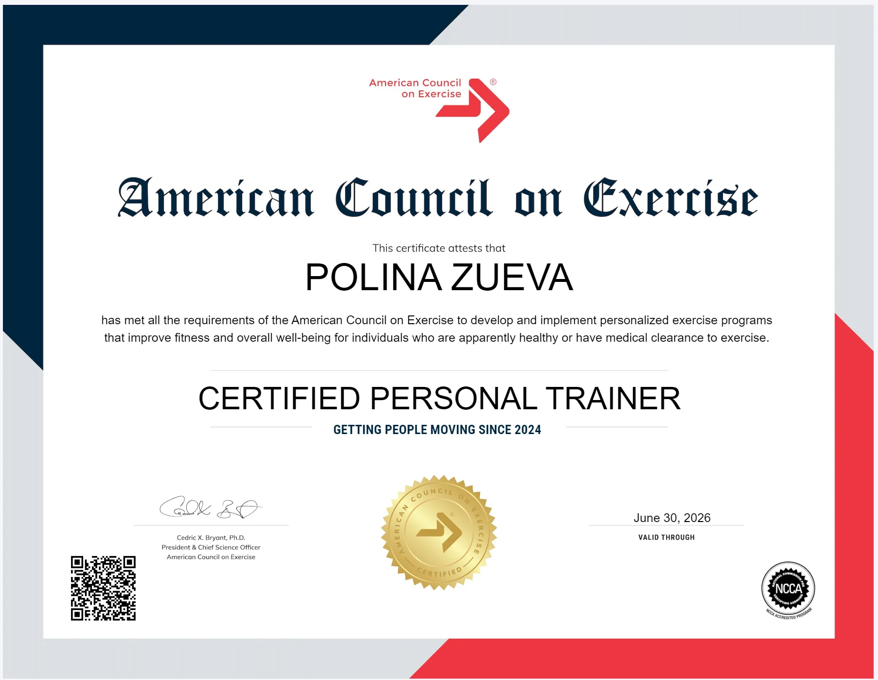 American Council on Exercise Certified Personal Trainer certificate awarded to Polina Zueva, valid through 30 June 2026.