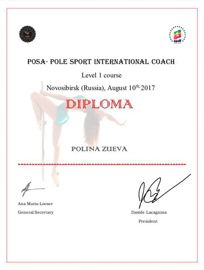 POSA Pole Sport International Coach Level 1 diploma awarded to Polina Zueva in Novosibirsk, August 2017.