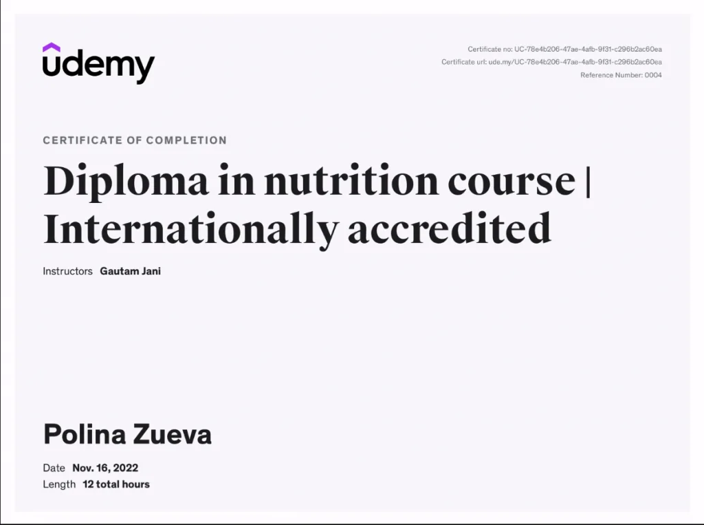 Udemy Diploma in Nutrition, internationally accredited, awarded to Polina Zueva in November 2022.