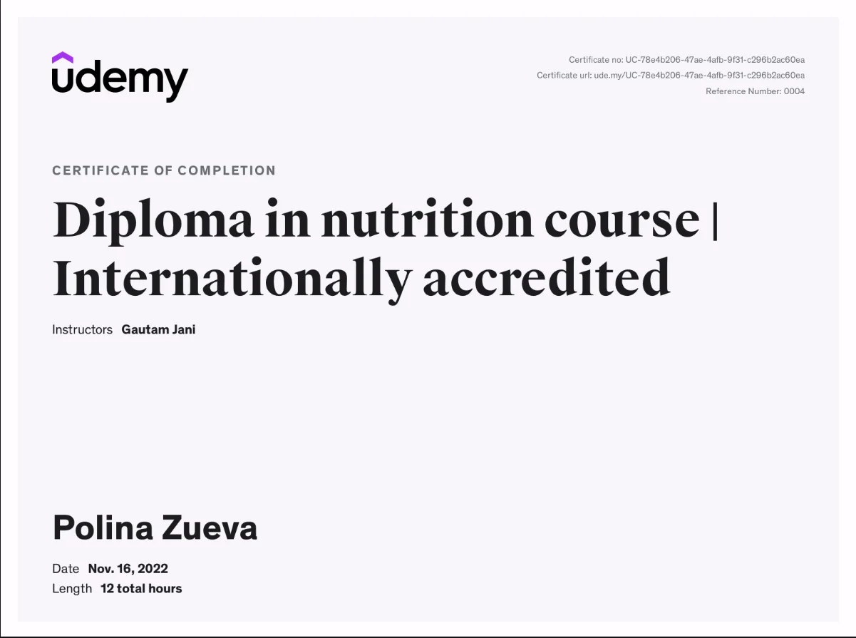 Udemy Diploma in Nutrition, internationally accredited, awarded to Polina Zueva in November 2022.