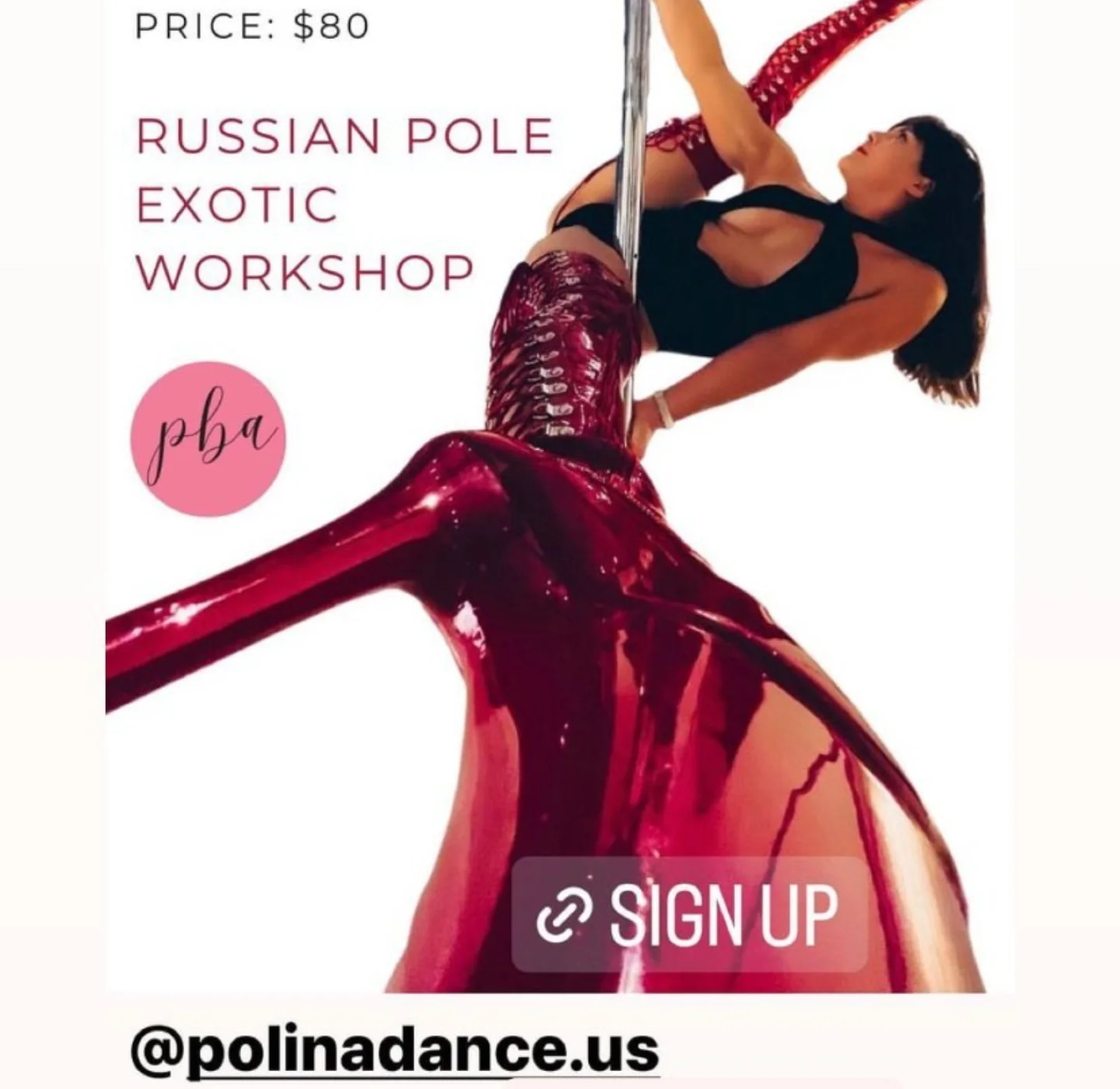 Instagram story with the flyer for Polina Zueva's Russian Pole Exotic workshop at Pole Body & Arts, Charlotte.