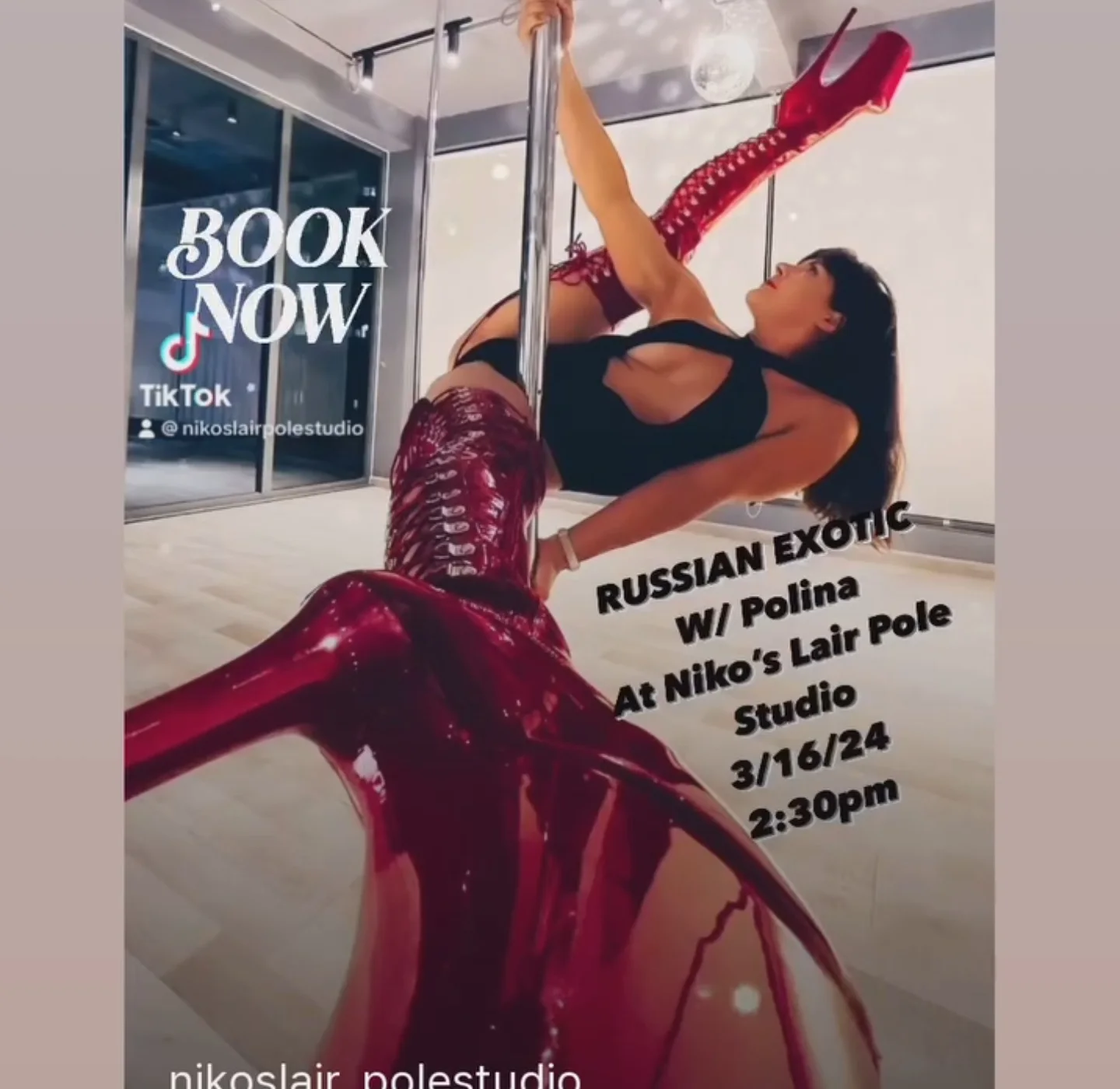 Instagram story announcing Polina Zueva's Russian Exotic workshop at Niko's Lair Pole Studio, March 2024.