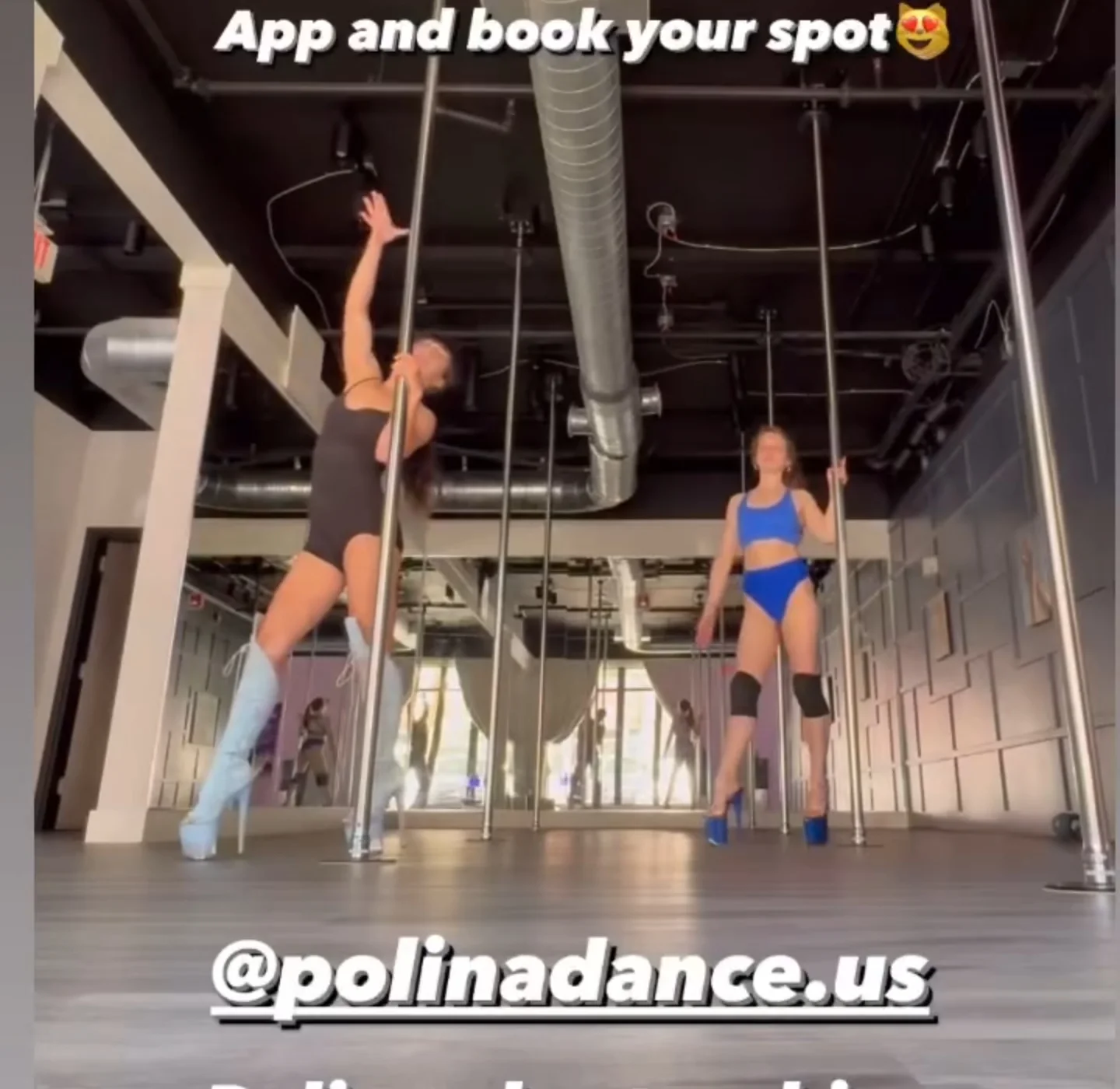 Instagram story promoting Polina Zueva's Sunday workshop at Catwoman Pole Academy, dancers at the poles.