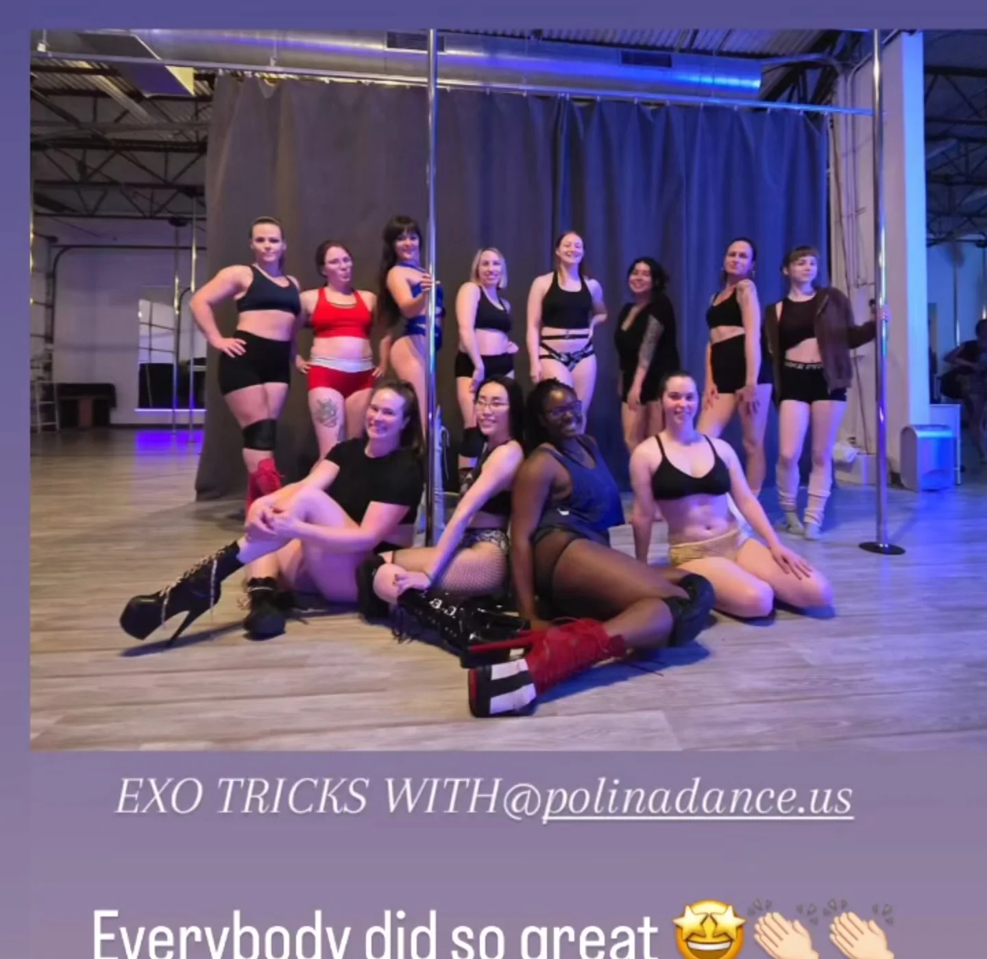 Instagram story after Polina Zueva's Exo Tricks workshop at North Pole Dance Studio, the class together.