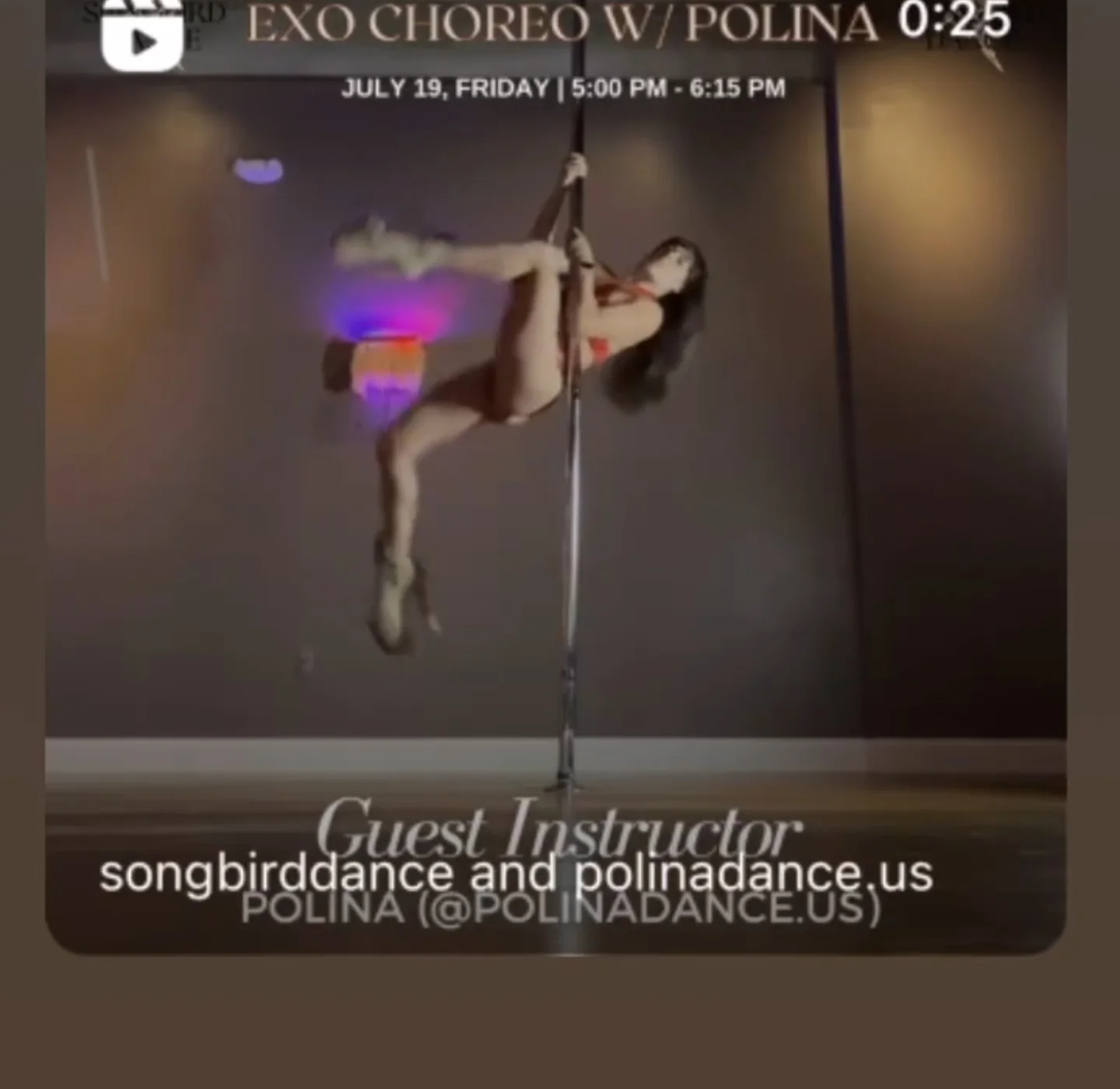 Instagram story announcing Polina Zueva as guest instructor for Exo Choreo at Songbird Dance Studio.