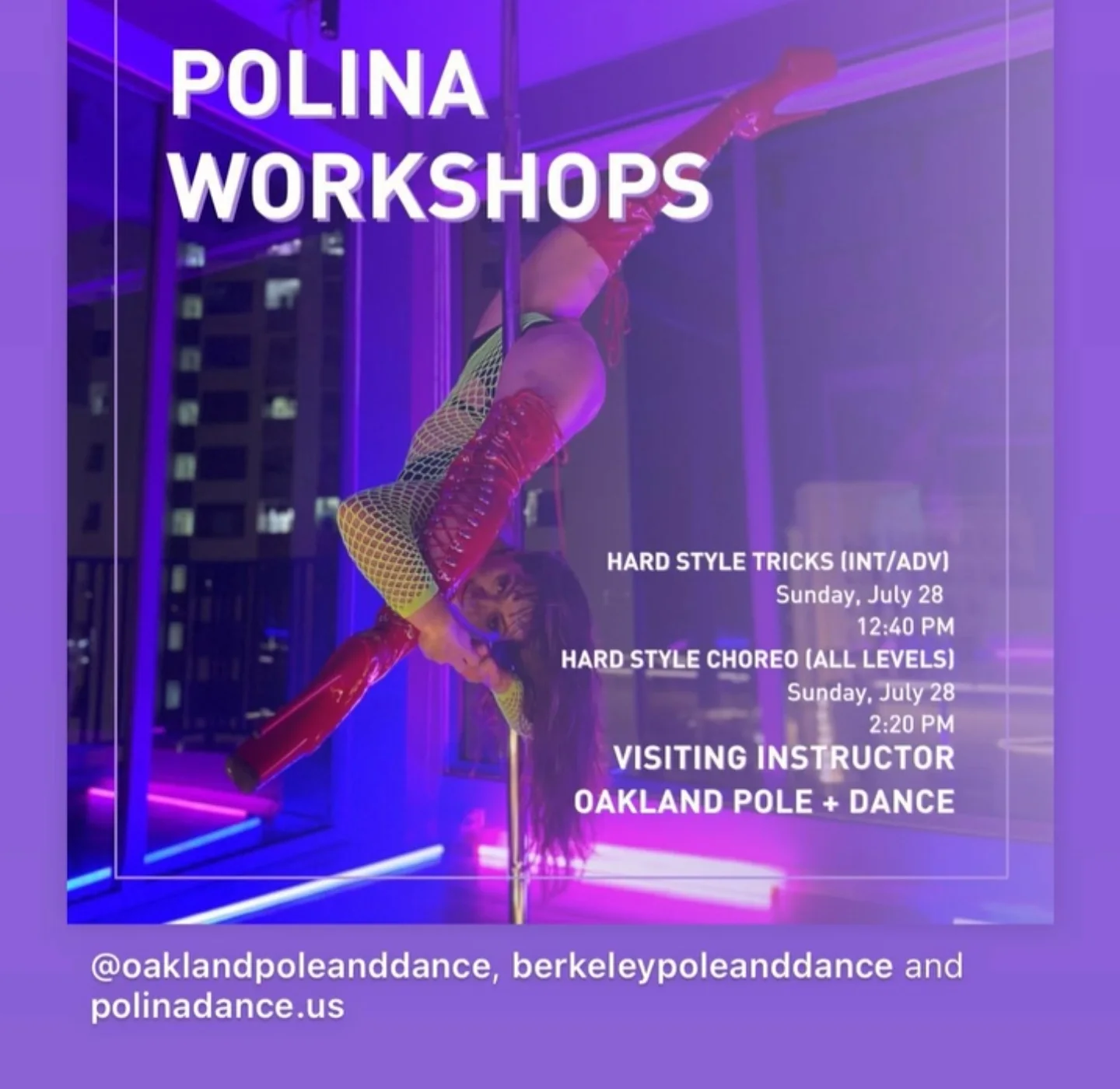 Instagram story with the flyer for Polina Zueva's Hard Style workshops at Oakland Pole + Dance.