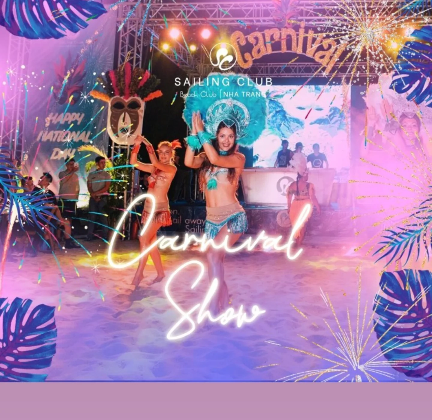 Instagram story graphic for the Carnival Show at Sailing Club Nha Trang, dancers in feathered costumes.